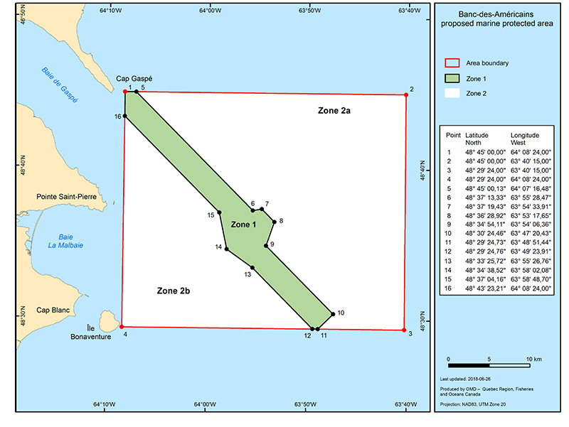 Figure: Map showing the boundary and the management areas of the proposed Banc-des-Américains MPA