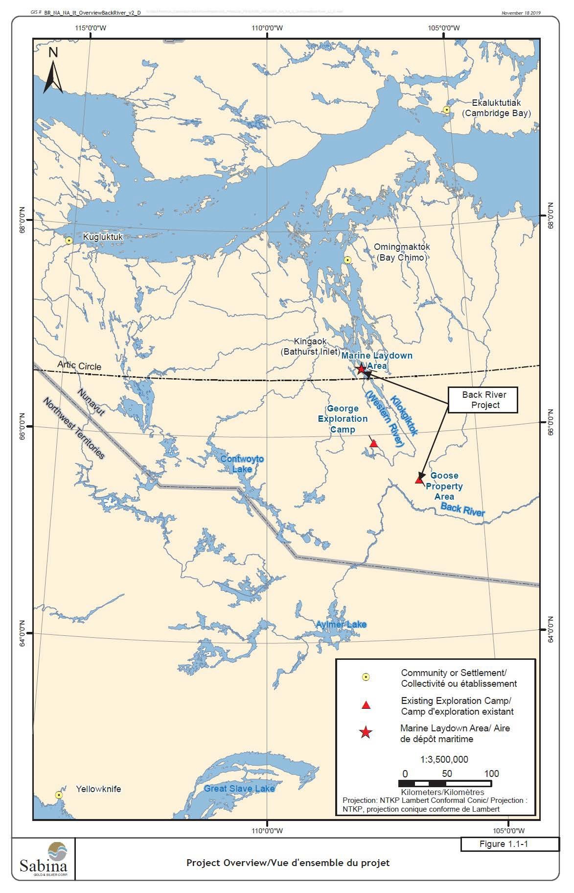Figure 1 is a 1:3,500,000 scale map showing the general location of the Back River Mine Project in Nunavut. – Description below