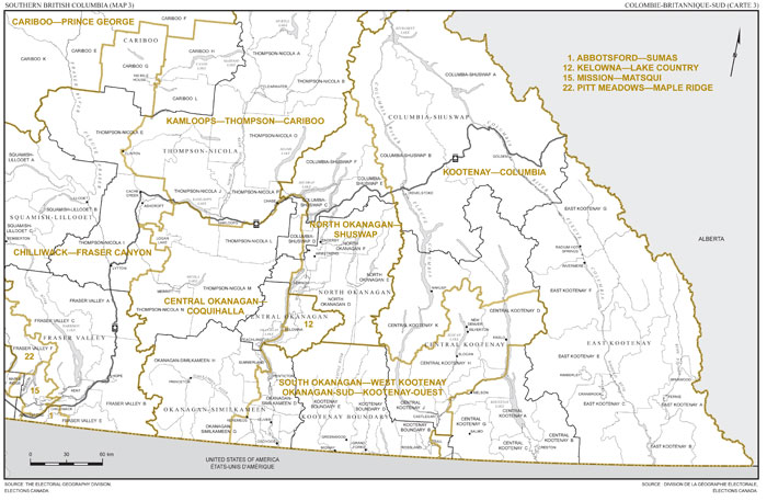 Map 3: Map 3: Map of proposed boundaries and names for the electoral districts of Southern British Columbia