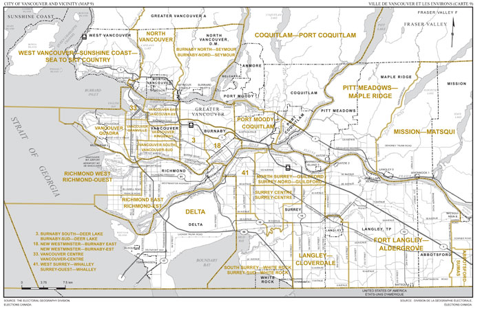 Map 9: Map of proposed boundaries and names for the electoral districts of the city of Vancouver and vicinity