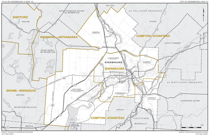 Carte 14 : Carte des limites et noms proposés pour les circonscriptions électorales de Compton—Stanstead et Sherbrooke