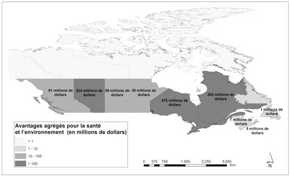 Valeur actuelle des avantages pour l'environnement et la santé associés aux normes de rendement pour les chaudières et les fours industriels, par province et territoire du Canada (de 2015 à 2035)