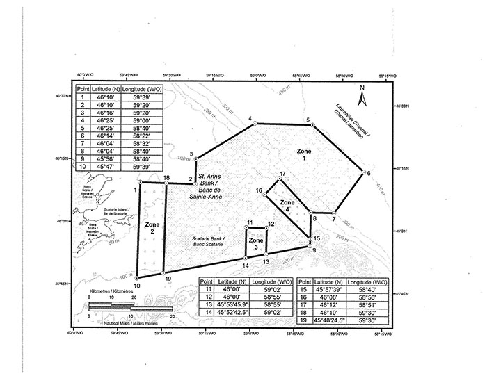 L'annexe est une carte qui représente l'emplacement des quatre zones de gestion comprises dans la zone de protection marine du banc de Sainte-Anne. Elle contient aussi un tableau dans lequel figurent les coordonnées géographiques des points visés à l'article 3 du présent règlement qui délimitent ces zones de gestion.