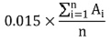 La multiplication de 0,015 par le quotient dont le numérateur est la somme de ai pour chaque année de référence « i » et le dénominateur est n.
