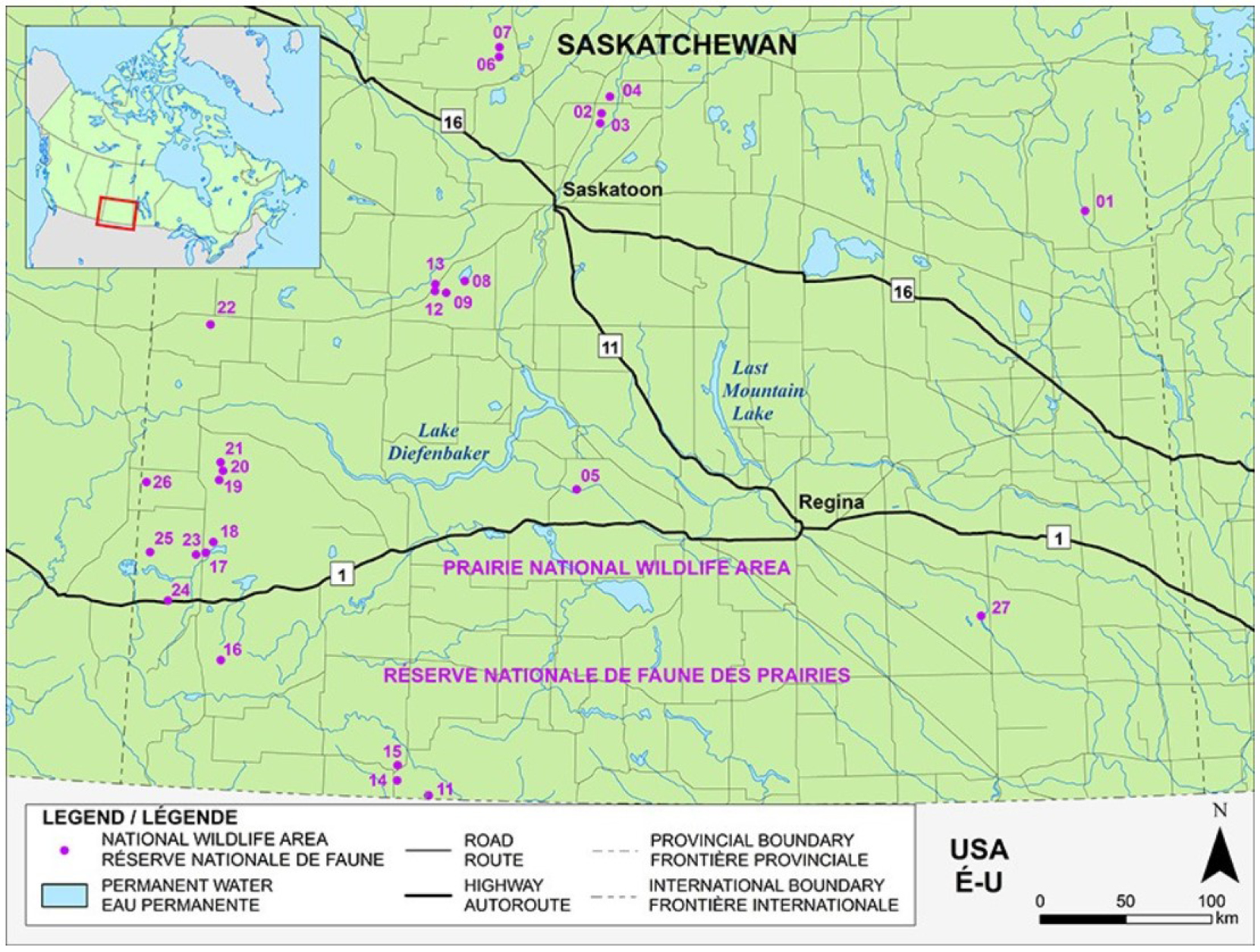 Figure 1 : Carte de la réserve nationale de faune des Prairies – Version textuelle en dessous de l'image