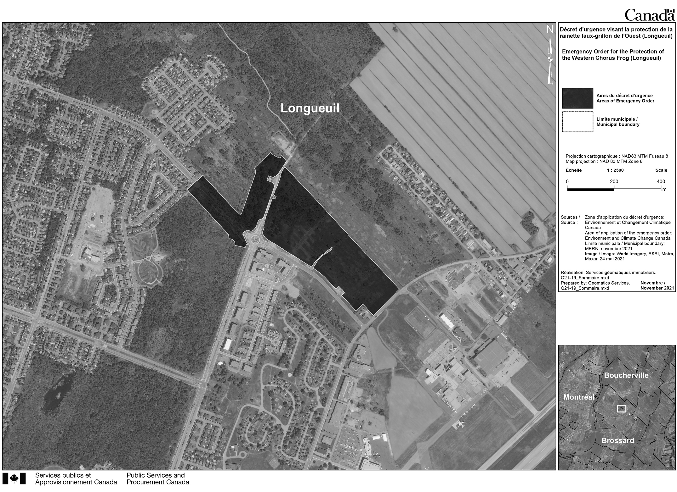 Cette carte présente l'aire du Décret d'urgence pour laquelle les interdictions s'appliquent, afin de protéger la rainette faux-grillon de l'Ouest. – Version textuelle en dessous de l'image