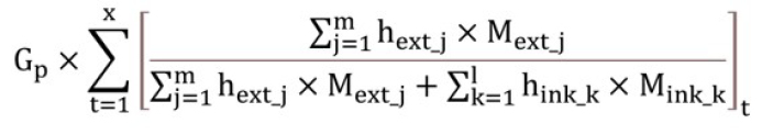Gext est égal au produit de Gp par la somme, pour toutes les périodes de temps « t », du quotient dont le numérateur est la somme des produits de hext,j et Mext,j pour chaque flux calorifique « j » et le dénominateur est la somme des produits de hext,j et Mext,j pour chaque flux calorifique « j », additionné à la somme des produits de hint,k et Mint,k pour chaque flux calorifique « k ». – Version textuelle en dessous de l'image