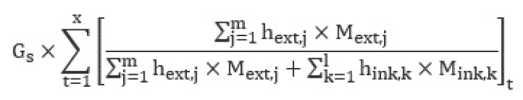 Gext est égal au produit de Gp par la somme, pour toutes les périodes de temps « t », du quotient dont le numérateur est la somme des produits de hext,j et Mext,j pour chaque flux calorifique « j » et le dénominateur est la somme des produits de hext,j et Mext,j pour chaque flux calorifique « j », additionné à la somme des produits de hint,k et Mint,k pour chaque flux calorifique « k ». – Version textuelle en dessous de l'image
